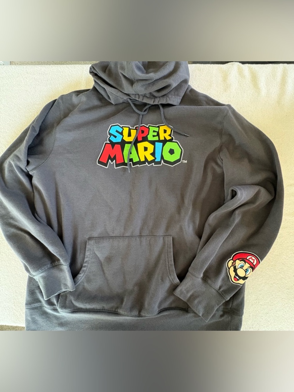 Nintendo Super Mario Gray Hoodie Logo Sleeve Patch XL